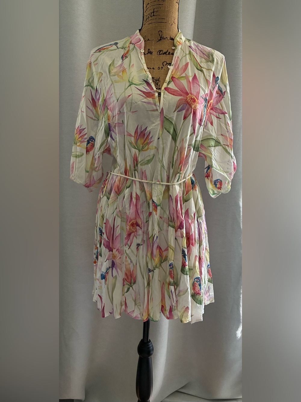 Floral Watercolor Tie-Waist Dress - White/Pink